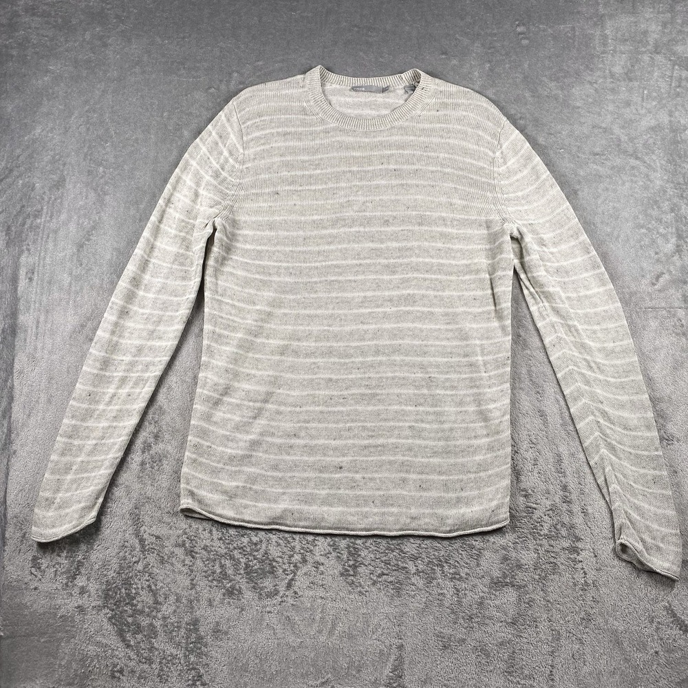 Vince Sweater Mens Size M Grey Striped Linen Roll Hem Pullover Italian Yarn